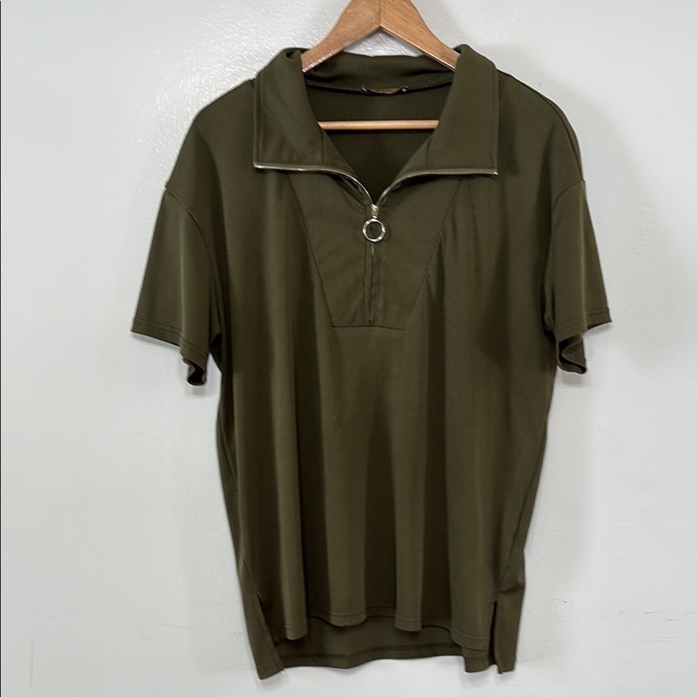 MCKOL Olive Green Ribbed Women’s Zip Polo Shirt Size XL